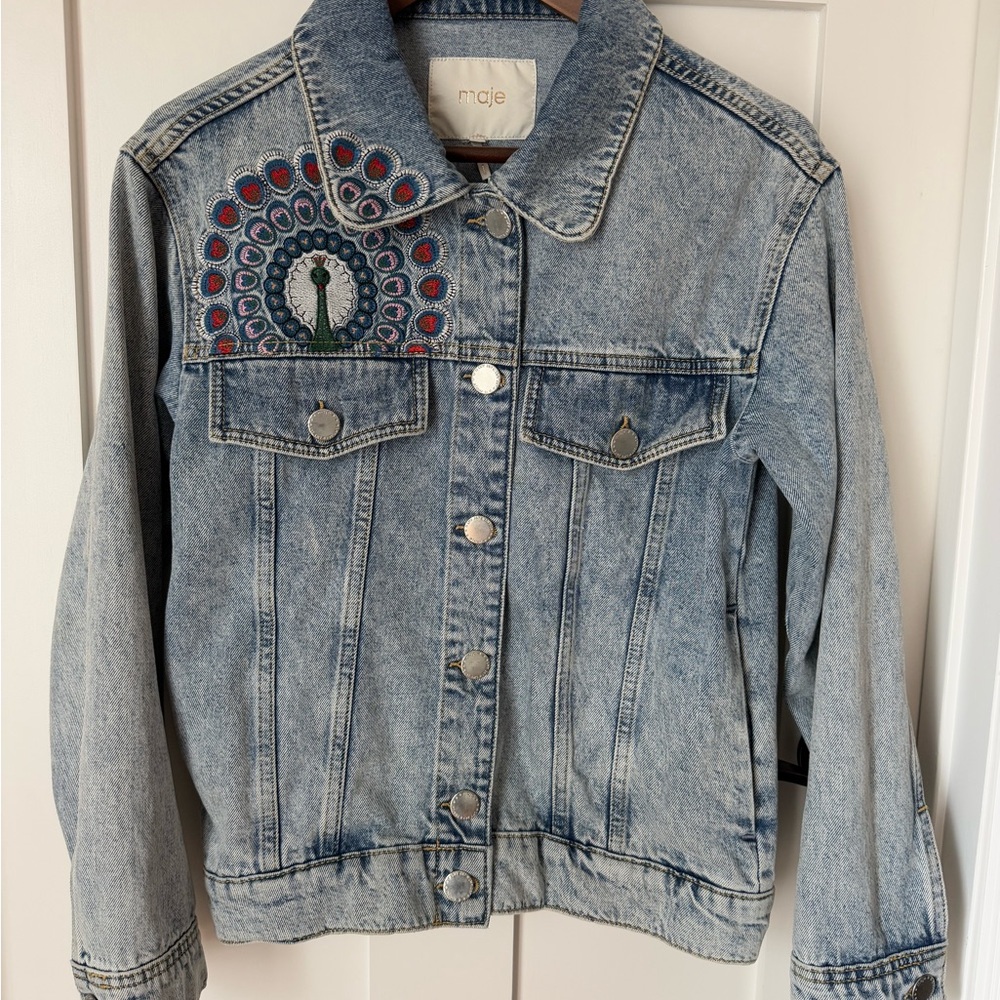 Maje Blue Jean Jacket with Floral Embroidery